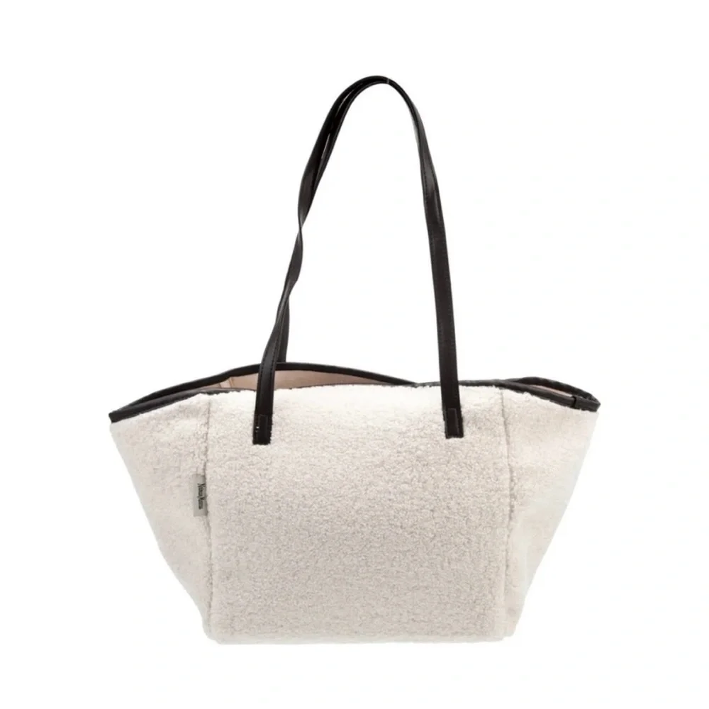 NEIMAN MARCUS Faux Fur Sherpa Shoulder Bag, off white